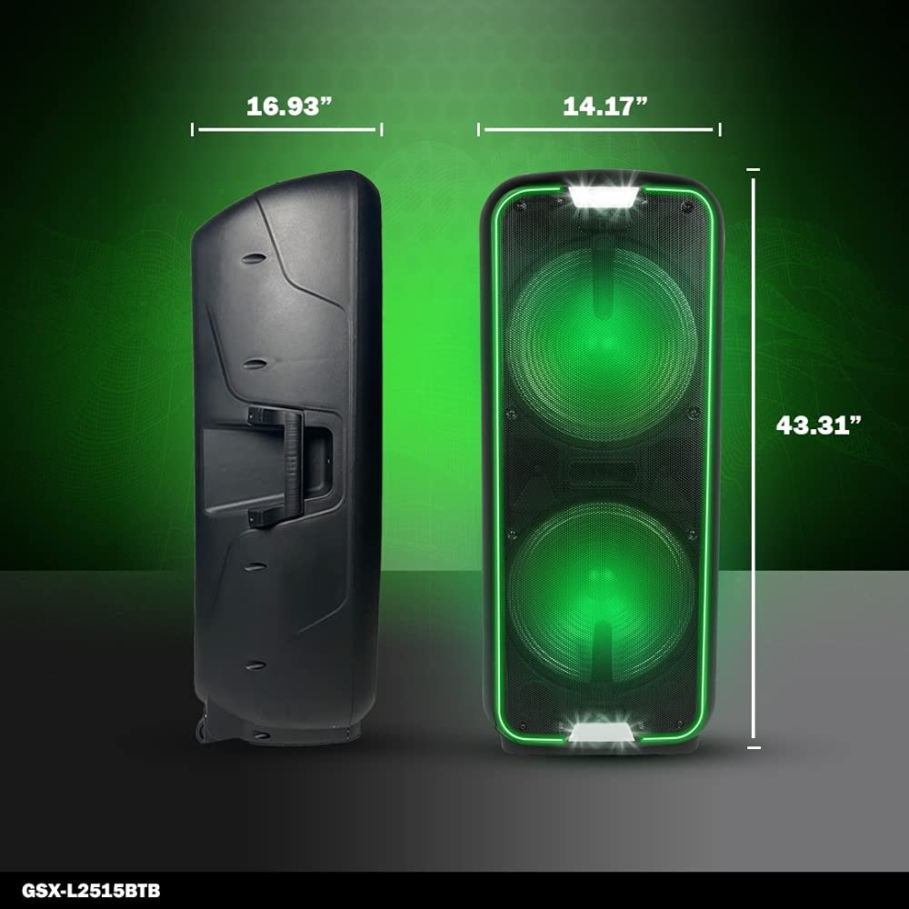Gemini Sound dual 15-inch Bluetooth party speaker with LED lights, 2000W power, and AUX input, black design.