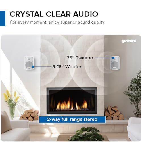 White Gemini Sound waterproof outdoor Bluetooth speakers with 5.25-inch woofer and adjustable mounting brackets