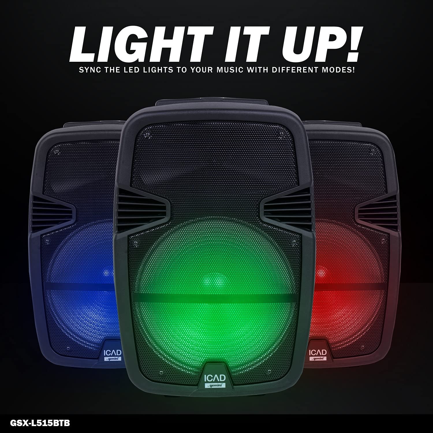 Gemini Sound GSX-L515BTB black 15-inch rechargeable trolley speaker with LED lights, 2000W, AUX input, and EQ controls