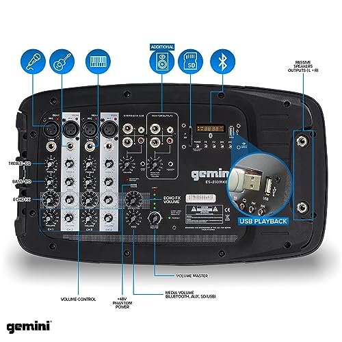 Gemini Sound 150W portable PA system with dual 10-inch speakers, black design, and 2-inch voice coil.