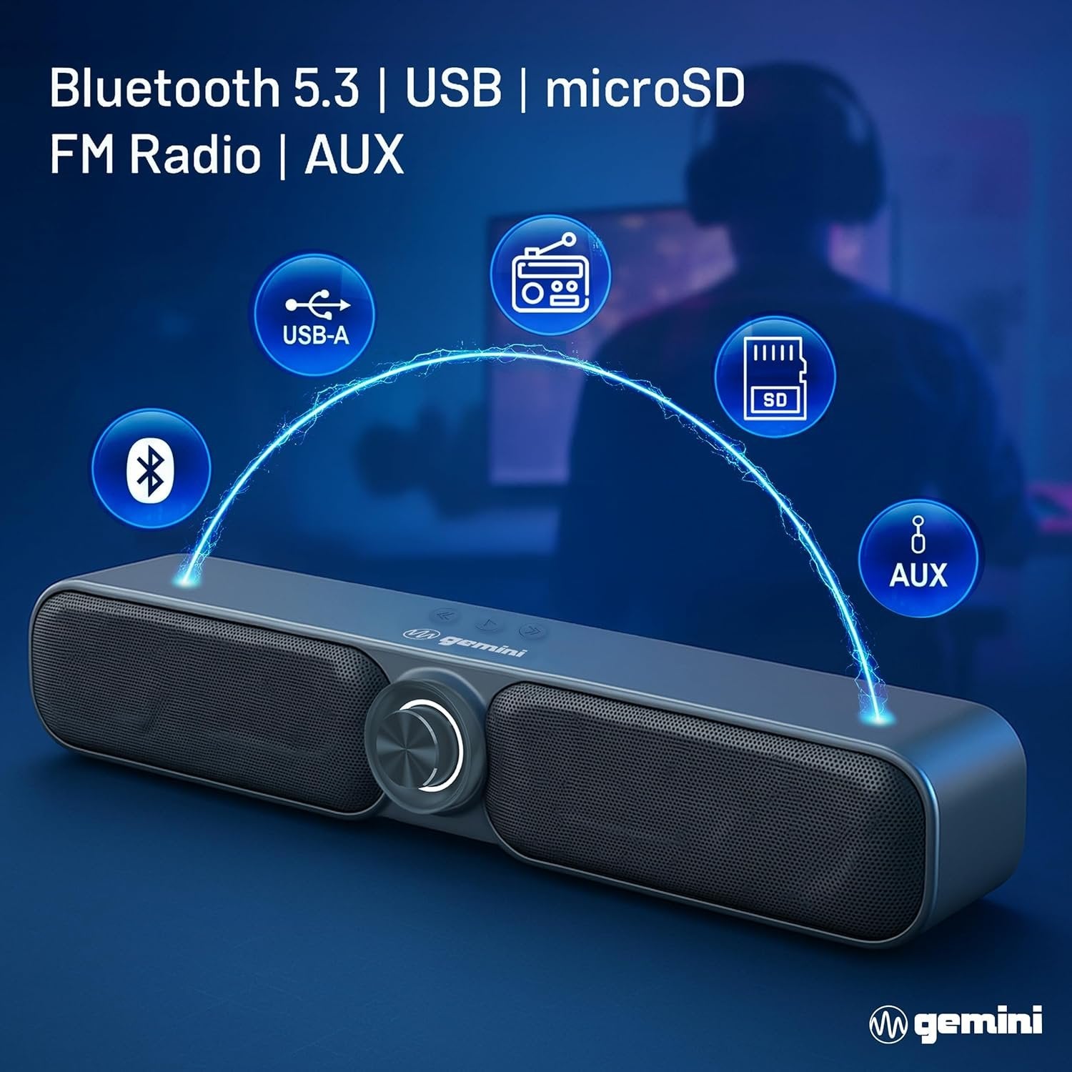 Gemini Sound GSBR-20 portable Bluetooth gaming soundbar, black, 200W, with 3600mAh battery for 3.5 hours playback.