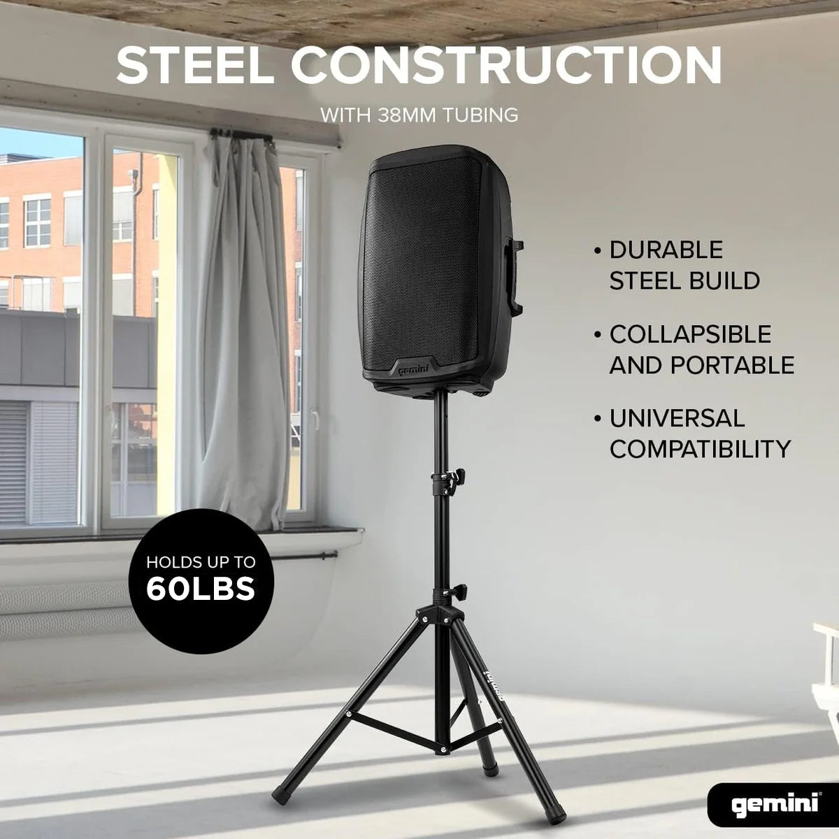 Gemini Sound ST-04 professional tripod speaker stand — 60 lb capacity, 43"–80" adjustable height, 38mm steel tubing