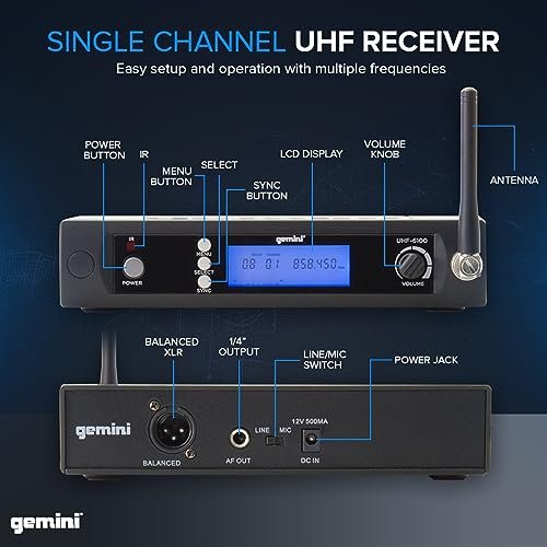 Gemini Sound UHF-6100HL lightweight wireless headset microphone with adjustable band and transmitter, 240ft range