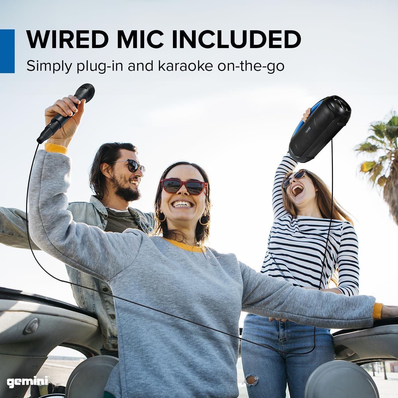 Blue waterproof Bluetooth speaker with IPX5 rating, portable design by Gemini Sound, ideal for outdoor use