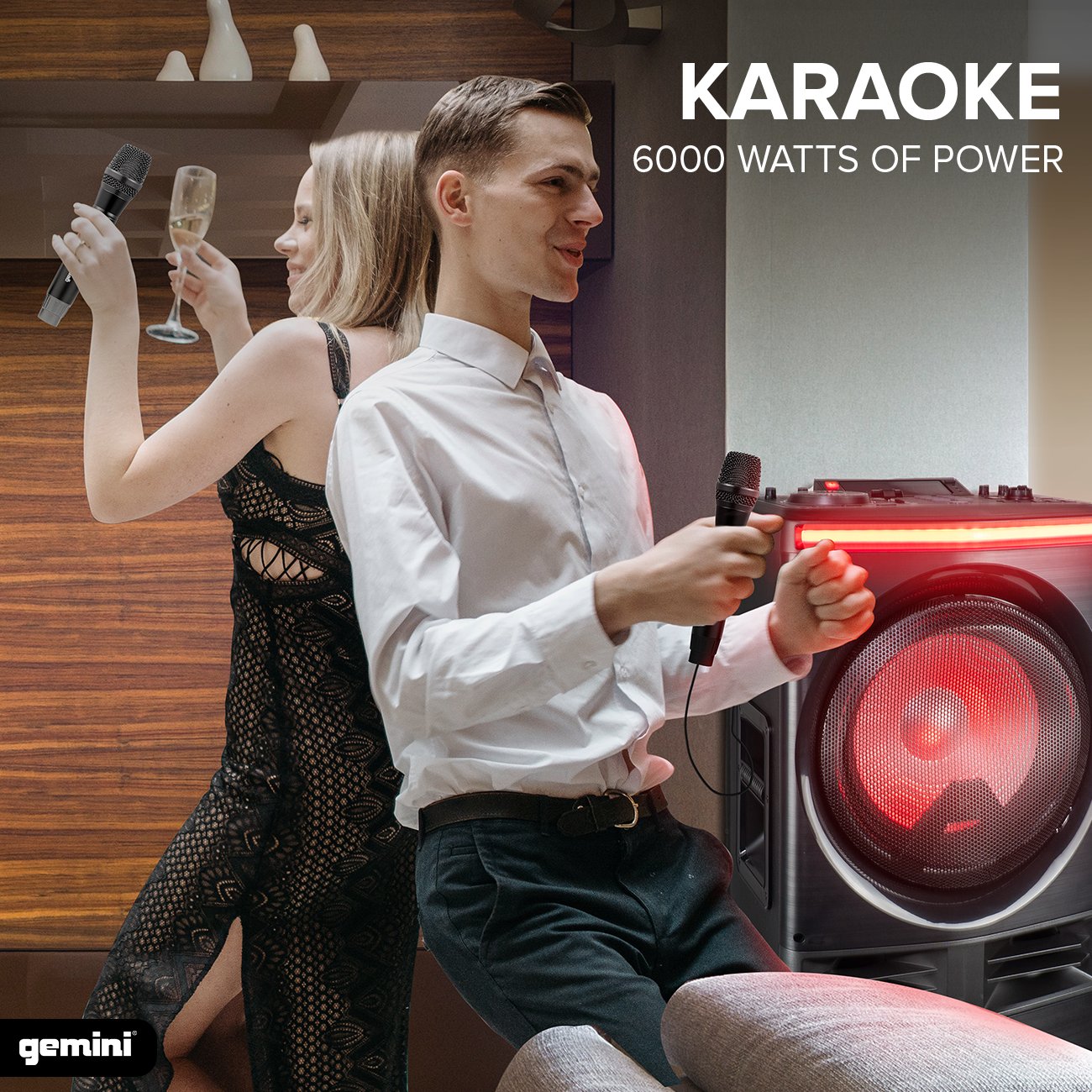 Gemini Sound GPK-1200 portable karaoke speaker with 12-inch woofers, Bluetooth, and LED lights in black