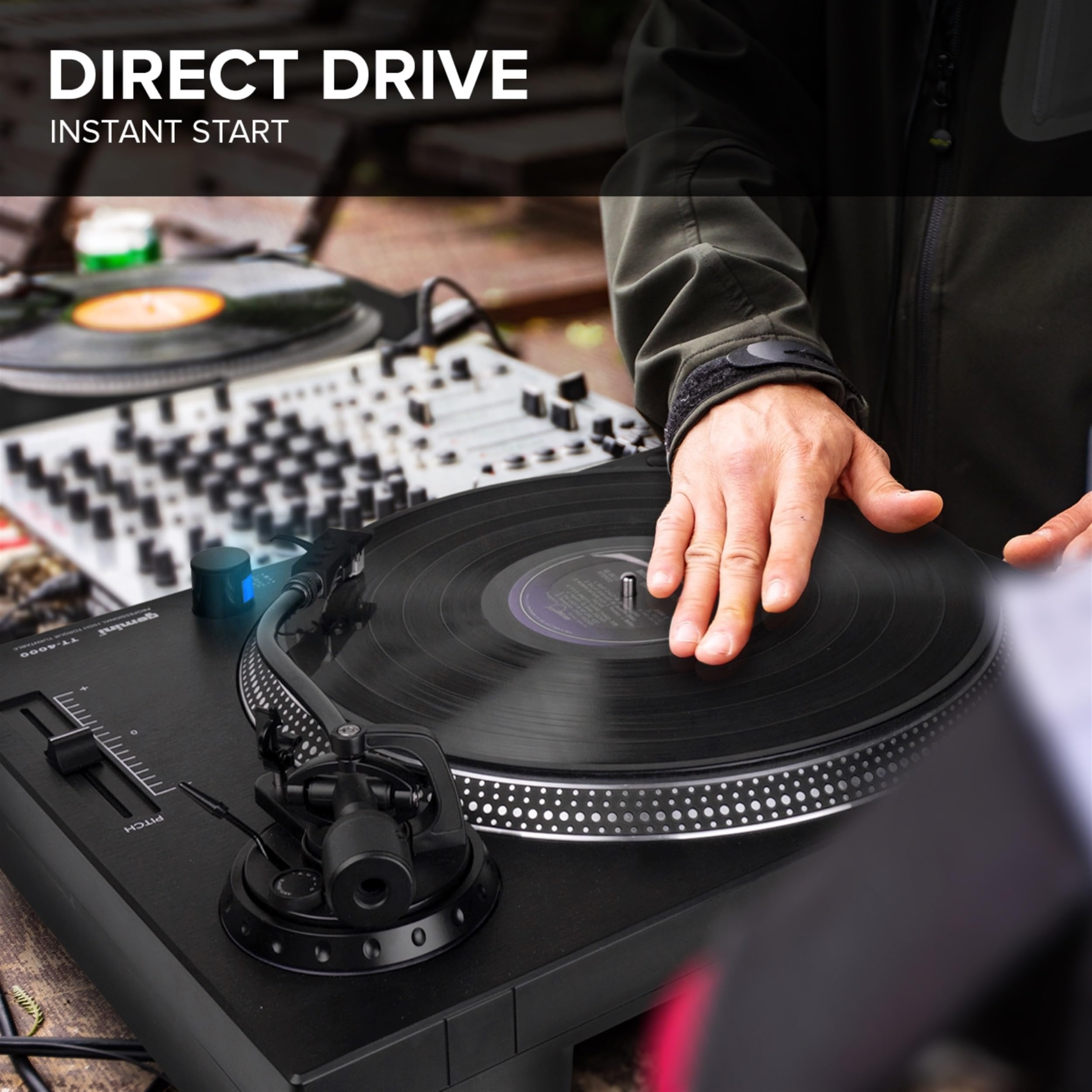 Gemini TT-4000 black professional DJ turntable with aluminum platter and anti-skate feature, designed for 33/45/78 RPM.