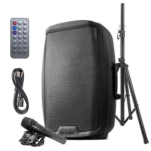 Gemini Sound 15-inch Bluetooth PA speaker with stand, 2000W power, ABS cabinet, and 30-foot Bluetooth range.