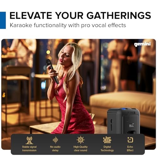 Gemini GRV-650L Bluetooth speaker with LED lights and 6.5-inch woofer in a sleek black design