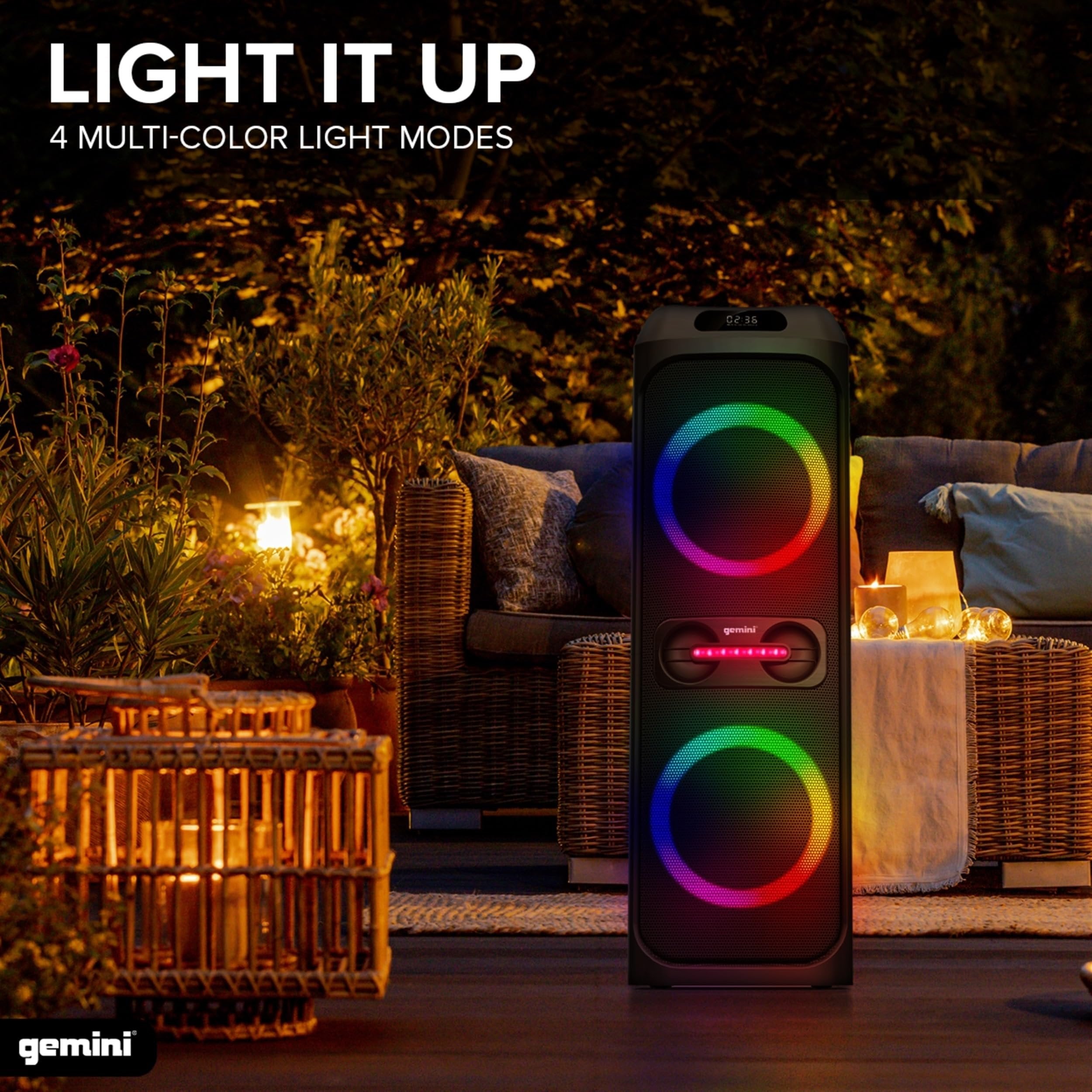Gemini Sound GHK-2800 portable Bluetooth party speaker with RGB LED lights and powerful 4800W output