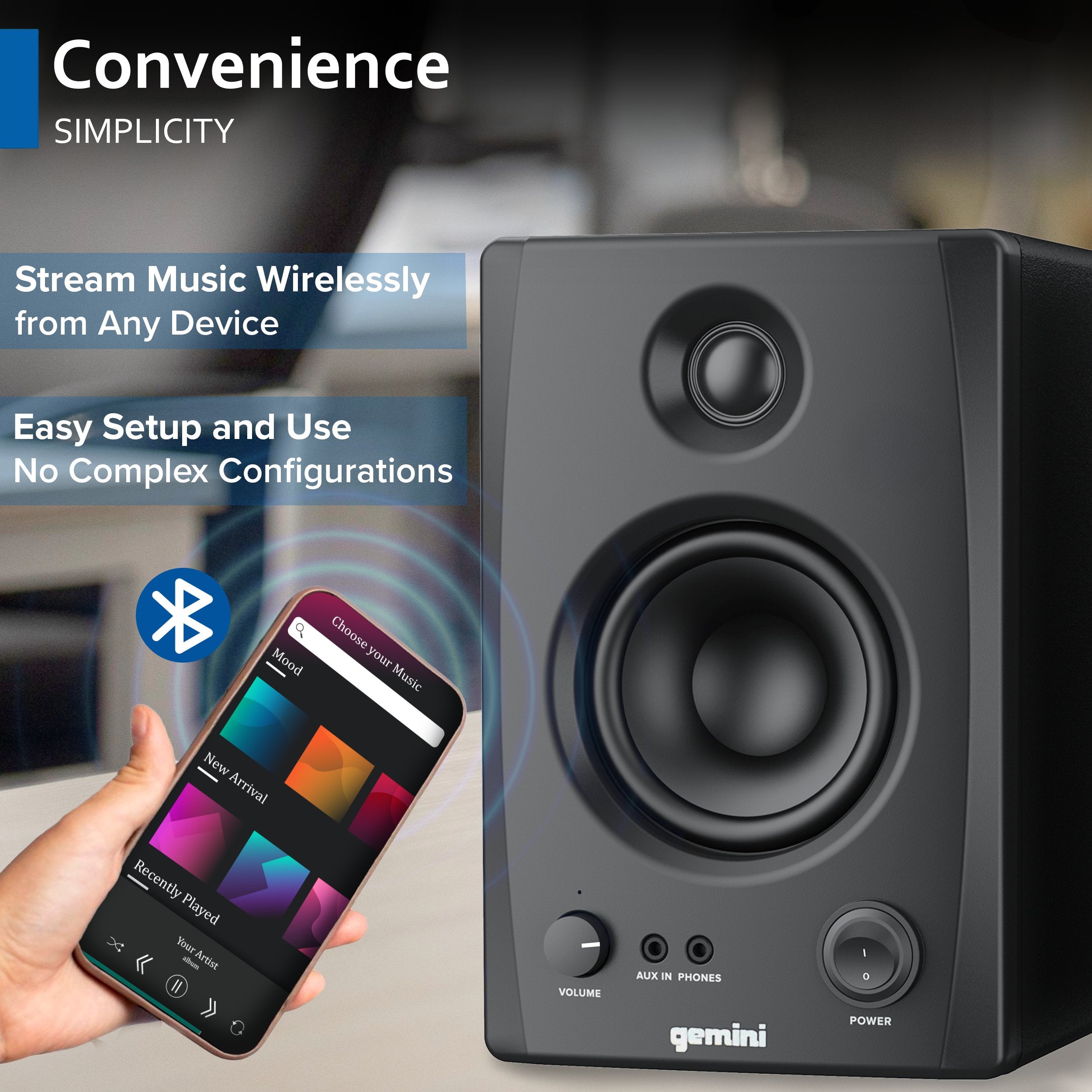 Gemini Sound SMX-3BT Bluetooth studio monitor speakers in wood finish with 0.75-inch tweeters and 3.5-inch woofers