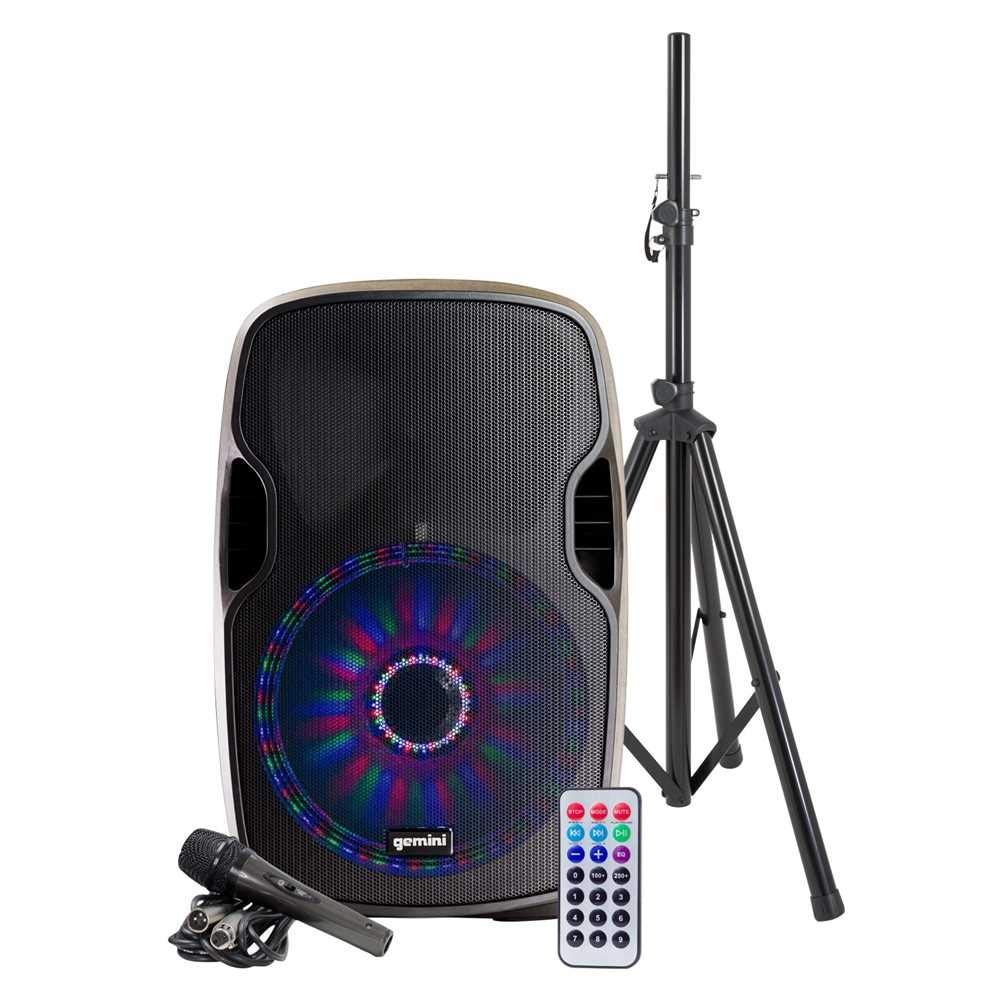 Gemini Sound 12-inch Bluetooth speaker with LED lights and adjustable stand in black