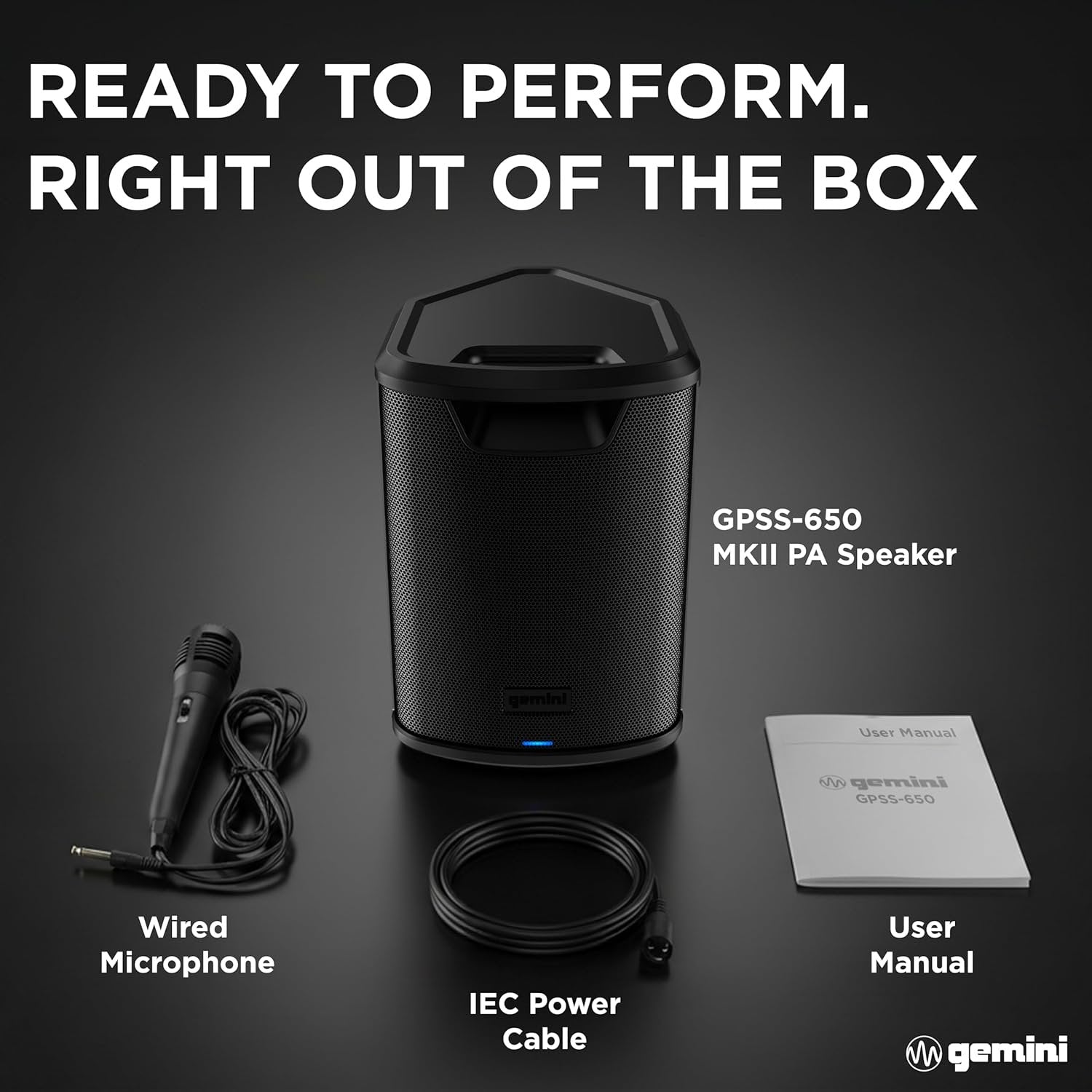 Gemini Sound GPSS-650 MKII portable rechargeable Bluetooth PA speaker — 100W RMS, 6.5" coaxial, 3-channel mixer with reverb