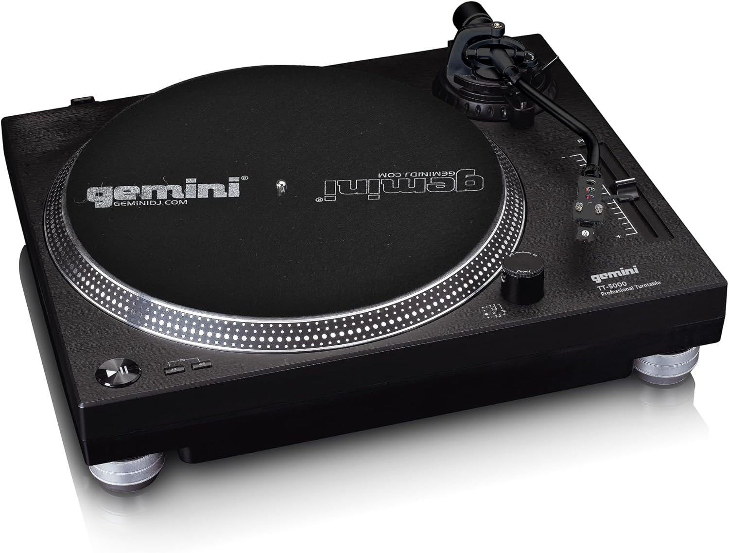 Gemini TT-5000 professional direct-drive turntable with aluminum platter and USB recording, featuring anti-skate control.
