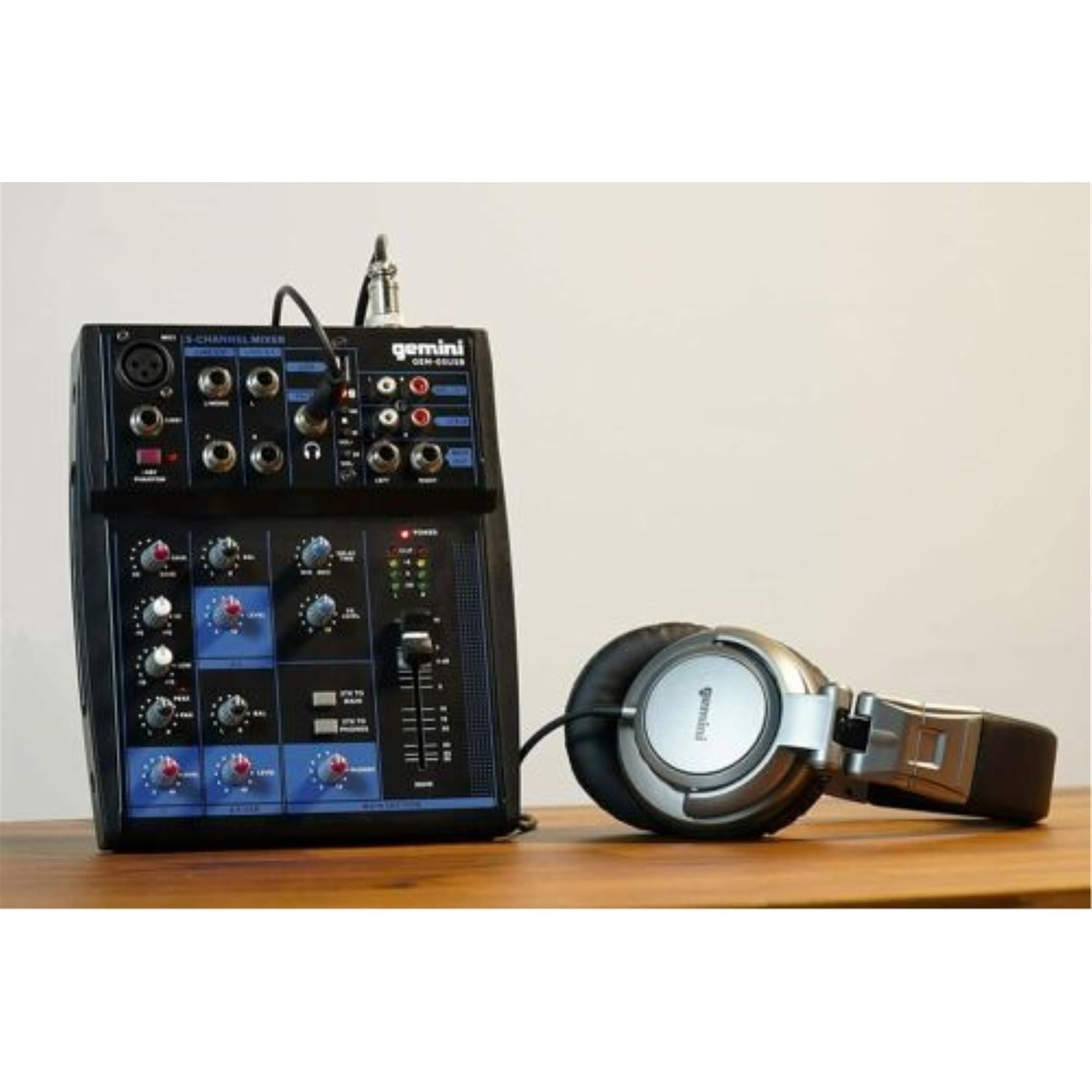 Gemini Sound GEM-05USB 5-channel Bluetooth audio mixer with USB, featuring multiple input options and a sleek design.