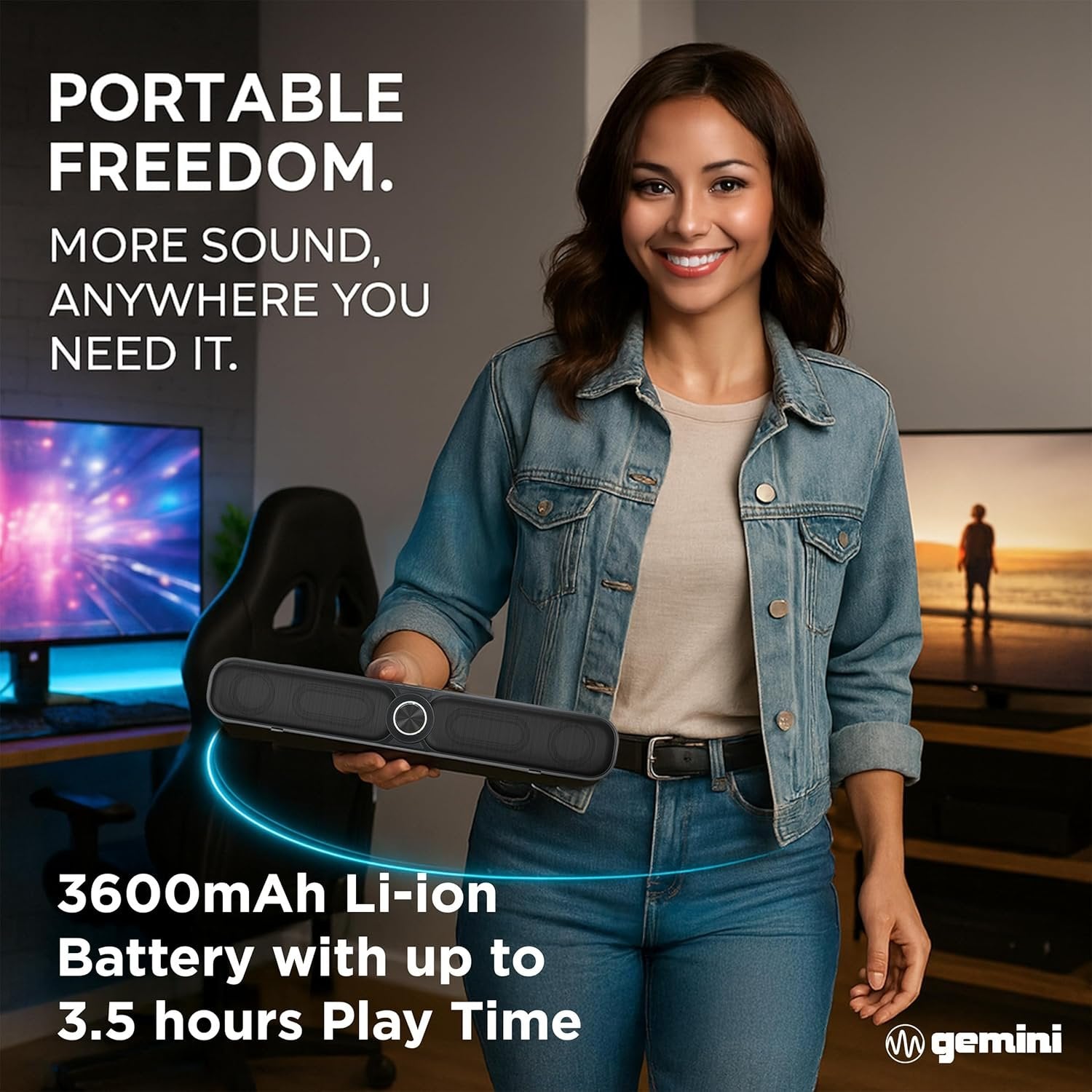 Gemini Sound GSBR-20 portable Bluetooth gaming soundbar in black, 200W power, 3600mAh battery, sleek ABS design