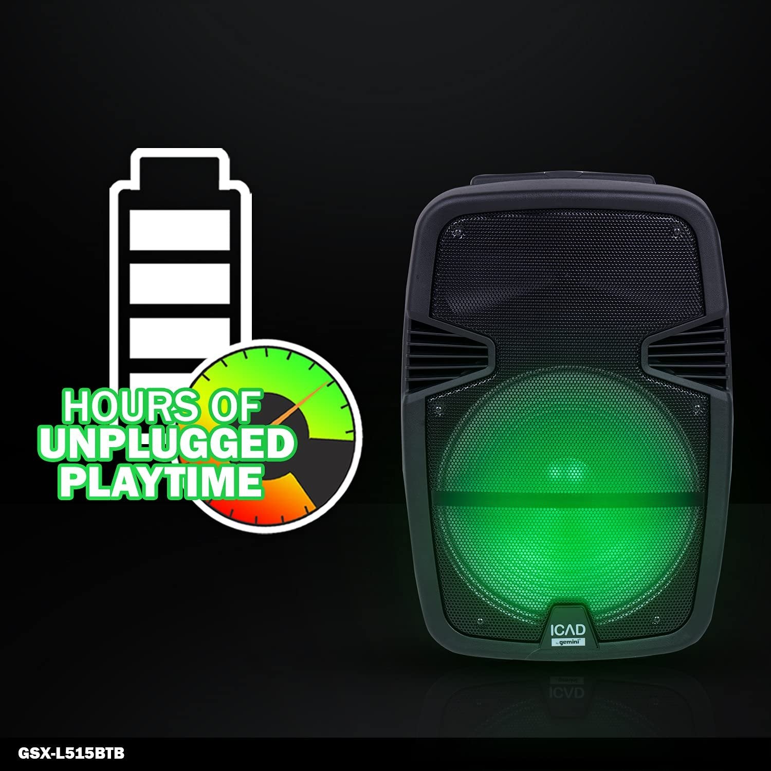 Gemini Sound GSX-L515BTB 15-inch rechargeable trolley speaker with LED lights, 2000W power, and AUX input