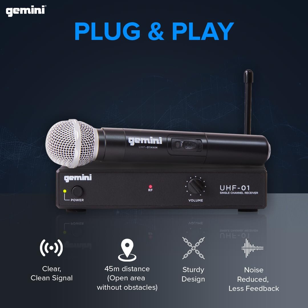 Gemini UHF-01M wireless microphone system with multi-frequency options, sleek black design, and compact receiver