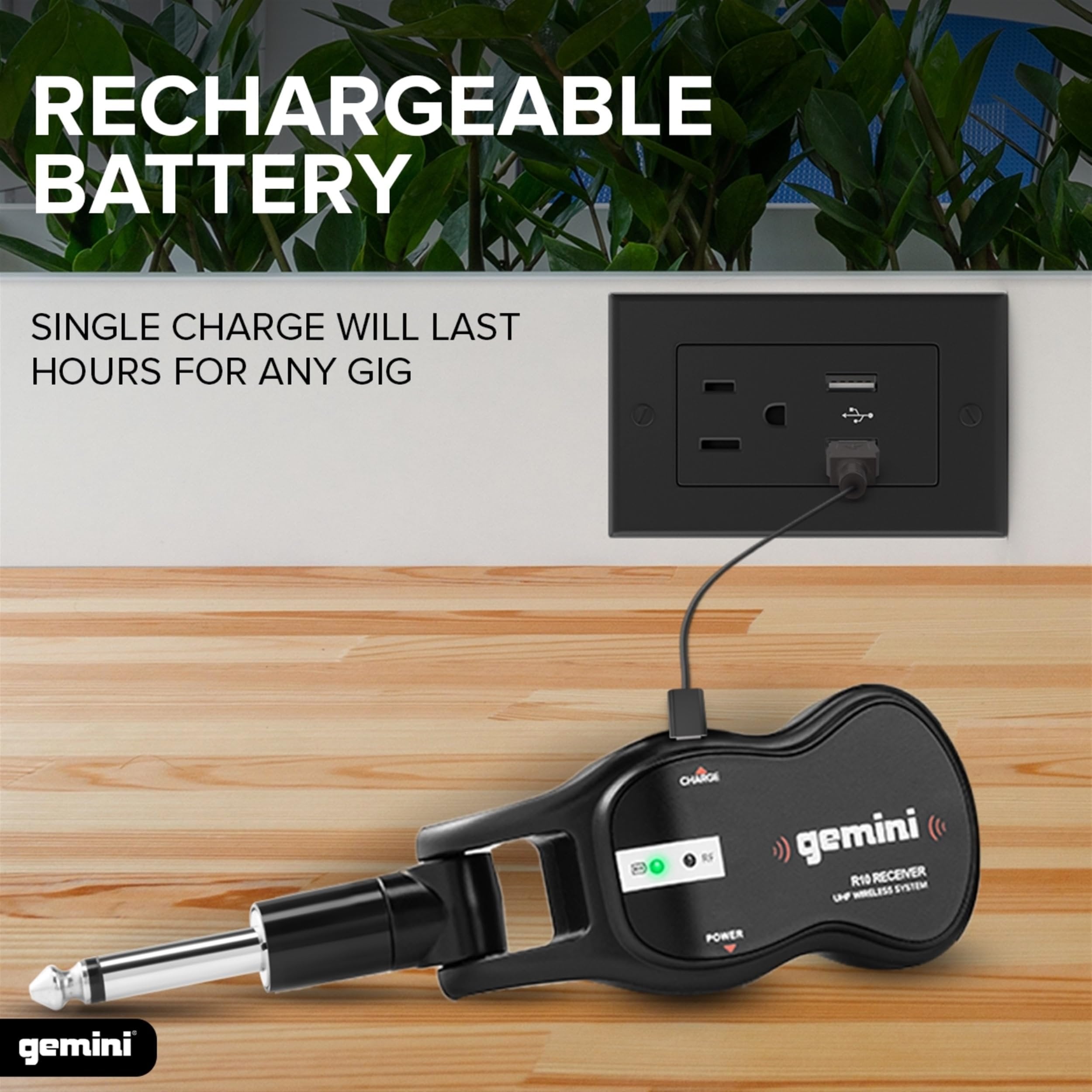 Gemini GMU-G100 rechargeable UHF wireless guitar system, portable with 50-meter range and auto-pairing features.