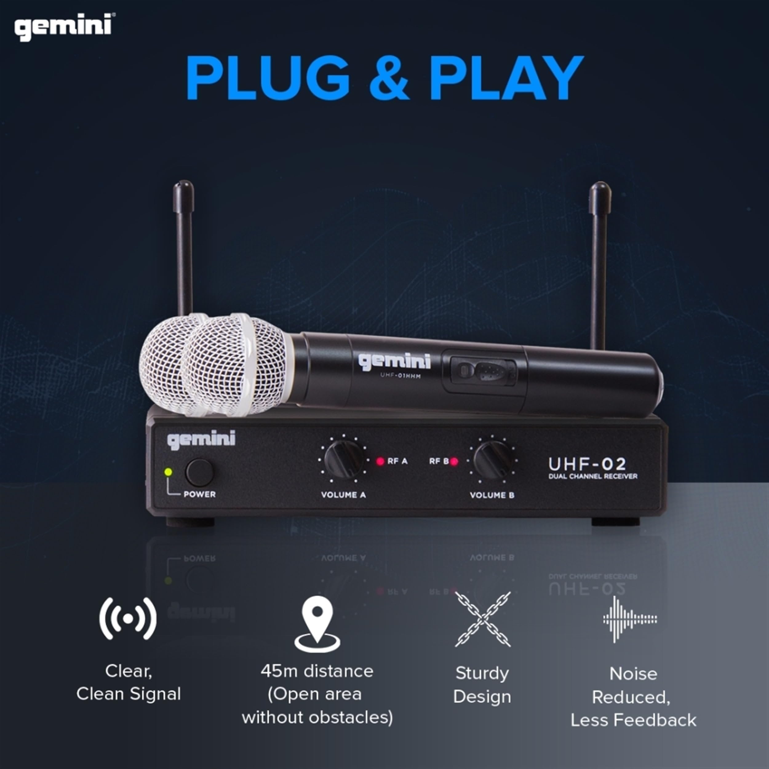 Gemini UHF-02M/HL wireless handheld microphone system with multi-frequency options, sleek black design