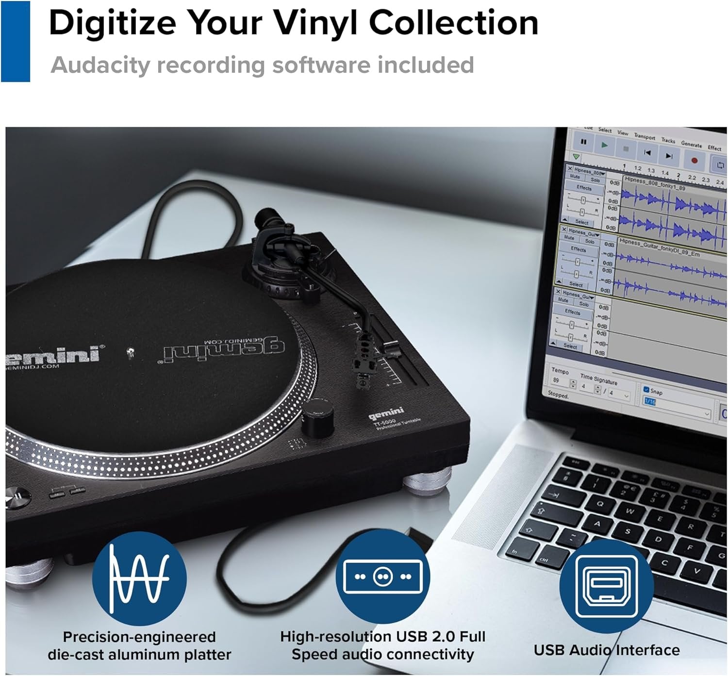 Gemini TT-5000 professional direct-drive turntable with aluminum platter, USB recording, and adjustable anti-skate feature.