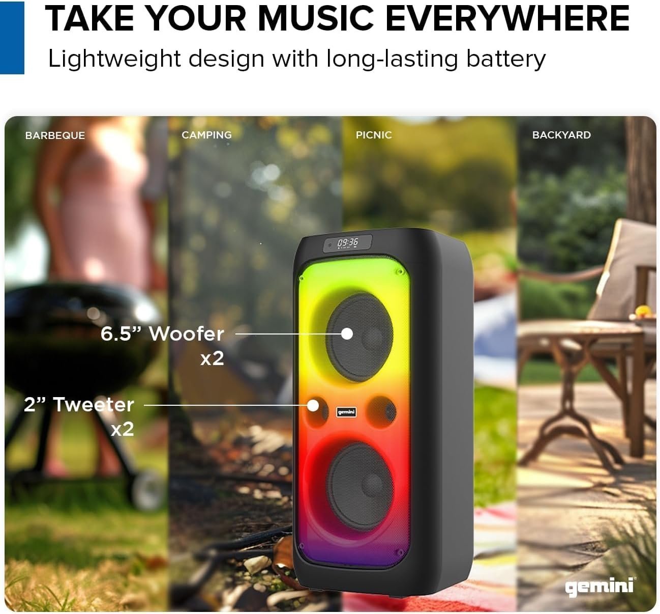 Gemini Sound Refurbed GGO-2650L Portable Bluetooth Boombox with LED Party Lights, 200W Power, Karaoke