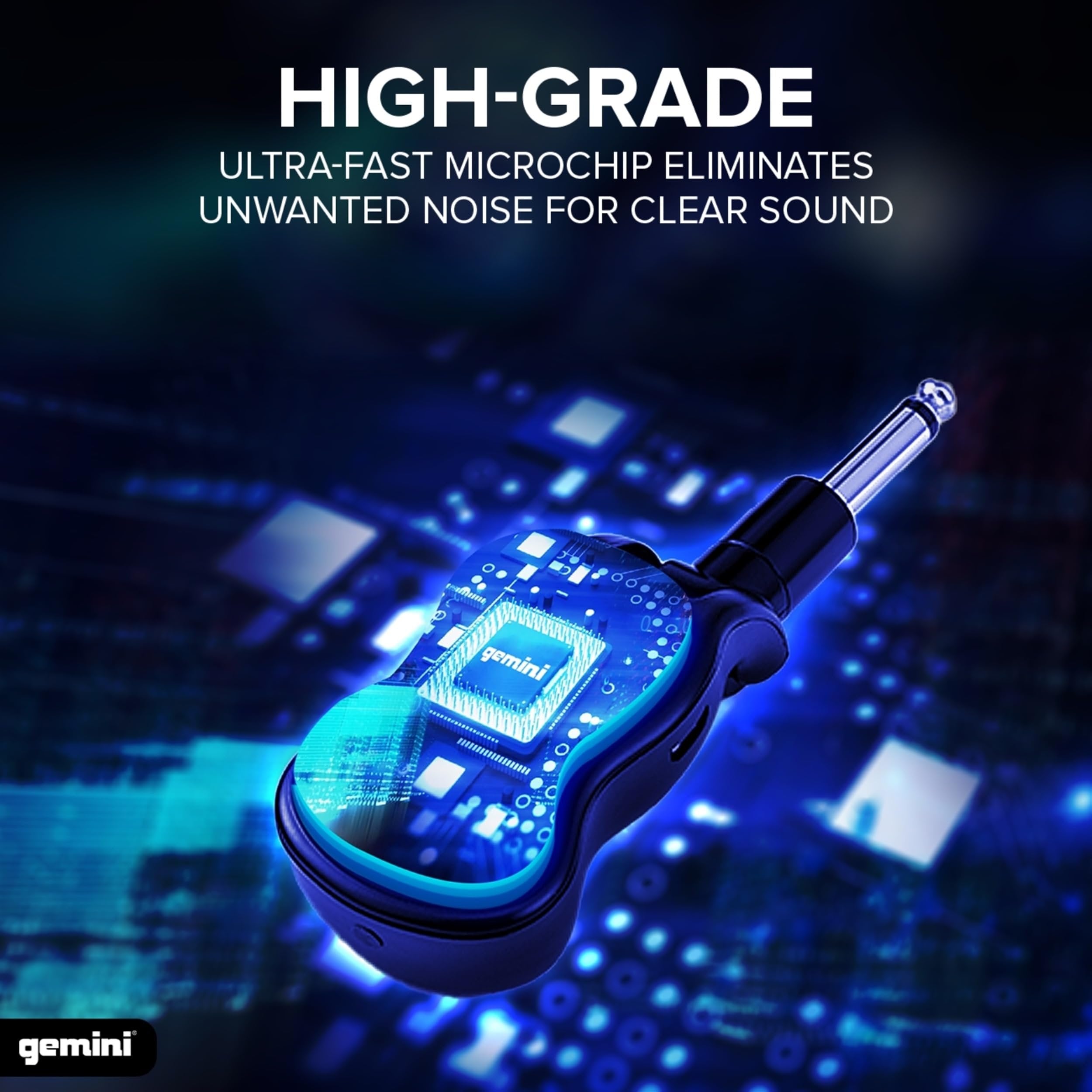 Gemini GMU-G100 rechargeable UHF wireless guitar system with antenna, designed for acoustic-electric instruments.