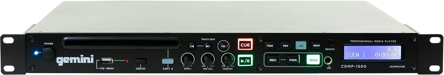 Gemini CDMP-1500 professional DJ CD media player in black with anti-shock feature and auto-playlist capability
