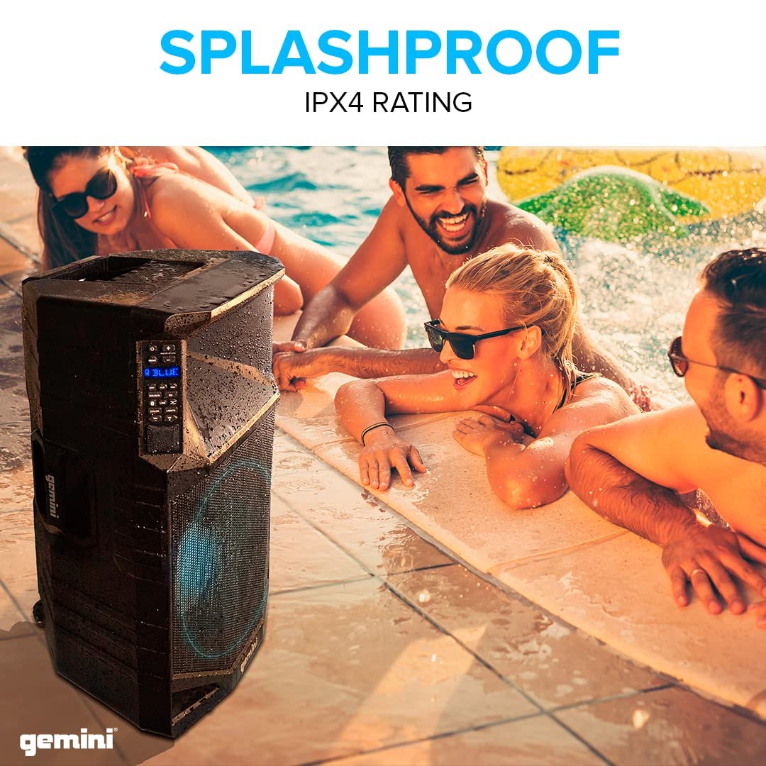 GSW-T1500PK Bluetooth PA speaker with 15-inch woofer, 1500W power, and adjustable stand, in black