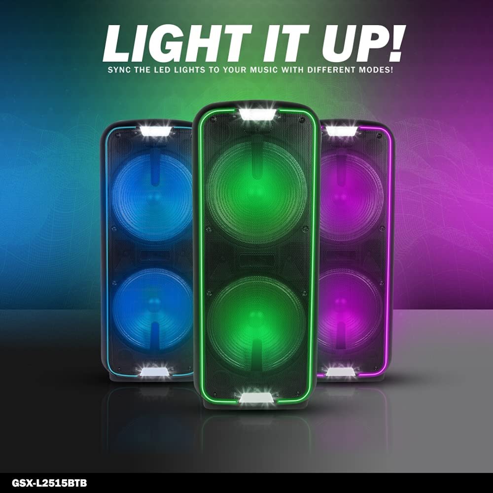 Gemini Sound dual 15-inch Bluetooth party speaker with LED lights, 2000W power, and AUX input