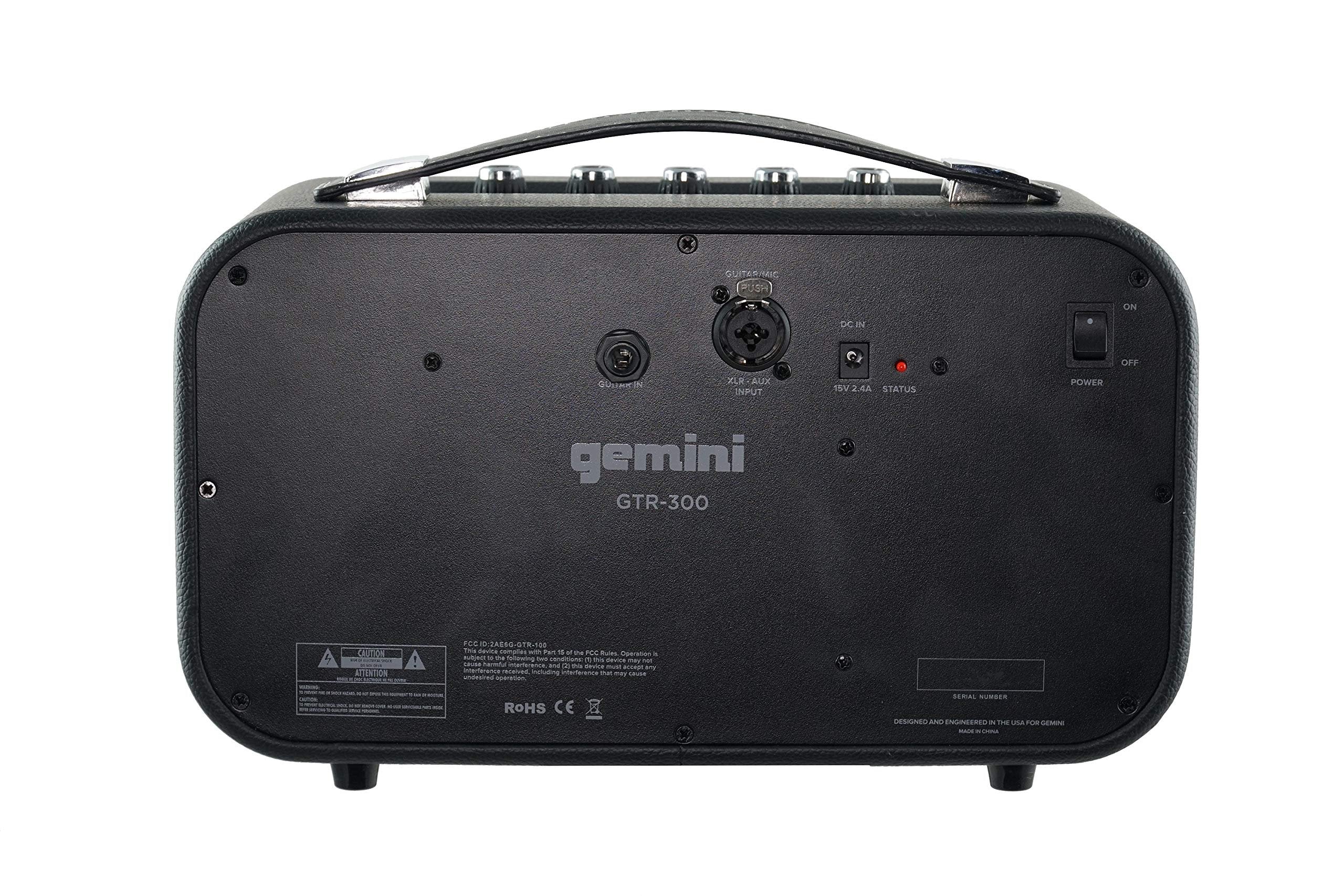 Gemini Sound GTR-300 portable Bluetooth speaker guitar amp in black, featuring dual XLR inputs and analog controls.