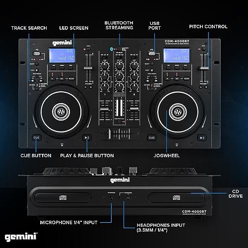 Gemini Sound CDM-4000BT Dual CD USB DJ Player with Bluetooth, featuring a sleek black design and intuitive controls.