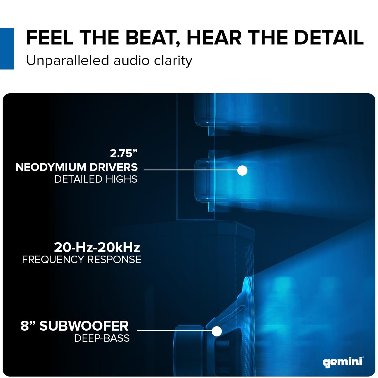 Gemini Sound WPX-2000 portable line array PA speaker with 1200W power and adjustable height, featuring an 8-inch subwoofer.