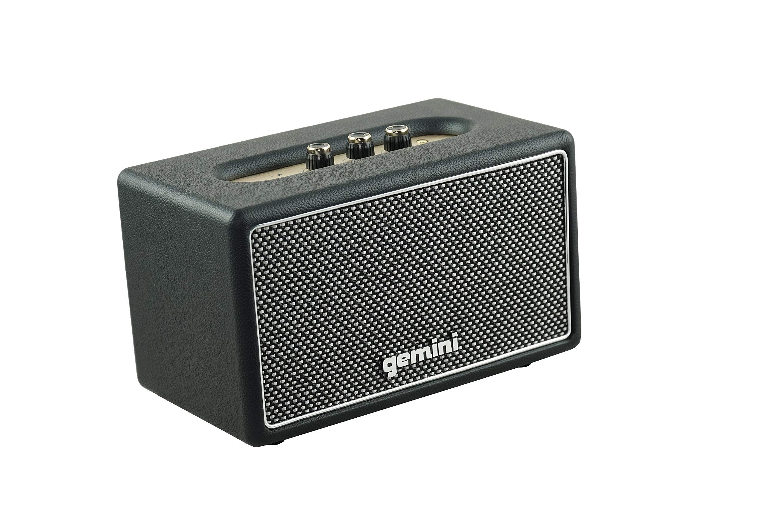 Gemini Sound GTR-200 portable retro Bluetooth speaker in black, 40W, battery-powered, with 30-feet range.