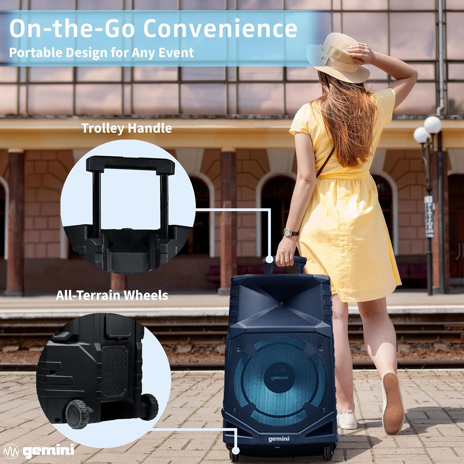 Gemini Sound GXP-T1500 portable 1500W Bluetooth PA speaker with 15-inch woofer, waterproof design, and battery-powered.