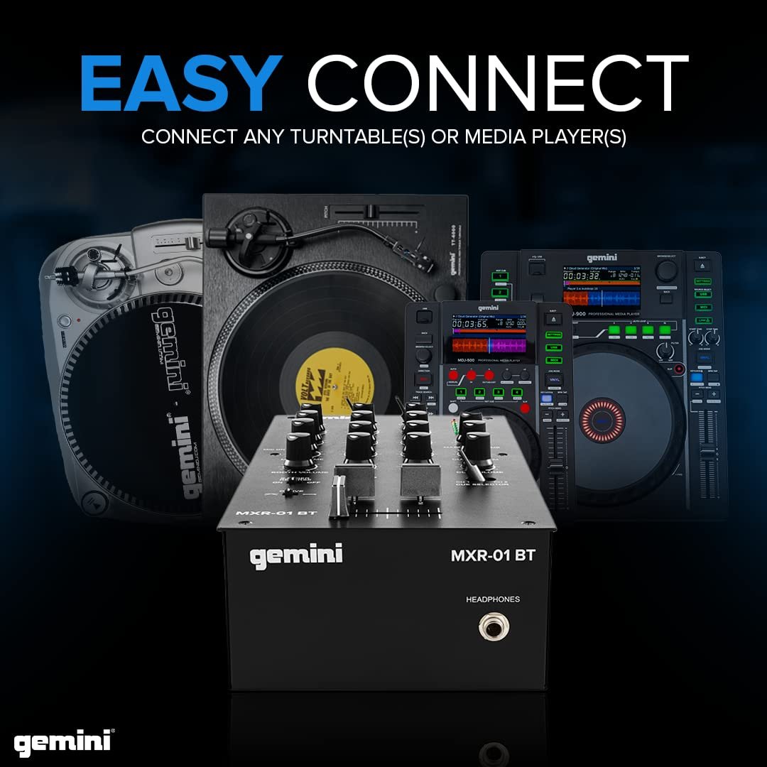 Gemini Sound MXR-01BT 2-channel DJ mixer with Bluetooth, metal chassis, and five input options.