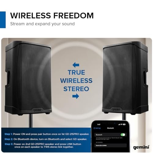 Gemini Sound GD-215PRO 15-inch Bluetooth PA speaker in black with 1200W power for professional audio use