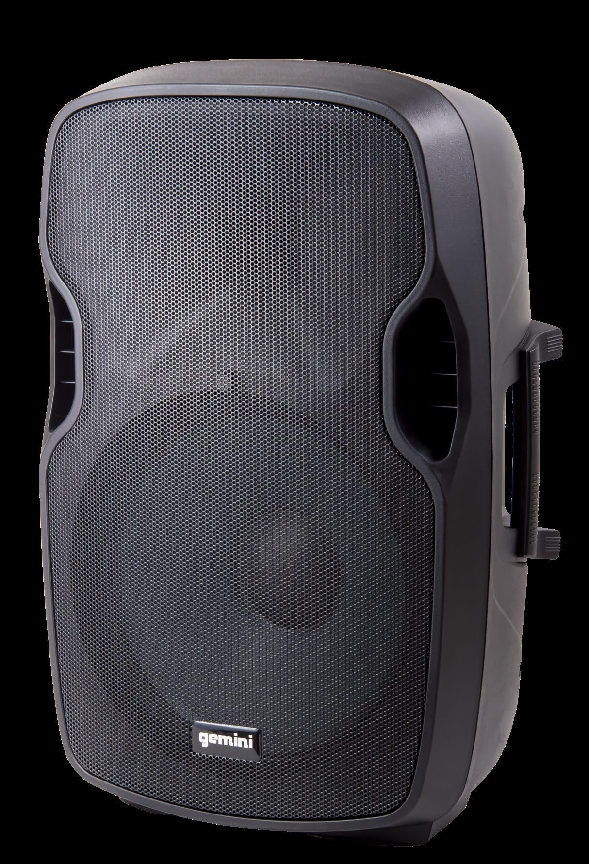 Gemini AS-12BLU 12-inch powered Bluetooth speaker with USB/SD ports, black finish, and active woofer design
