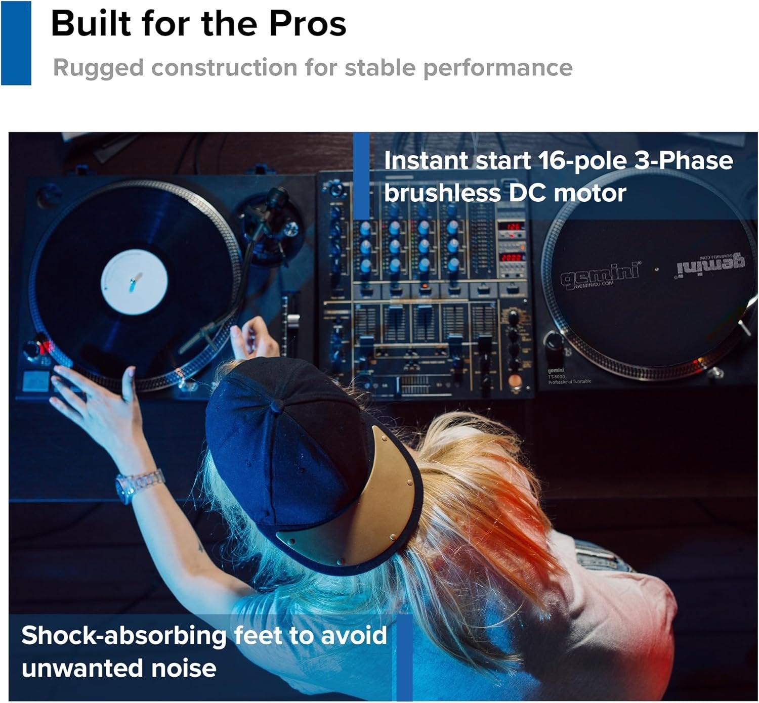 Gemini TT-5000 professional black direct-drive turntable with aluminum platter and USB recording capability