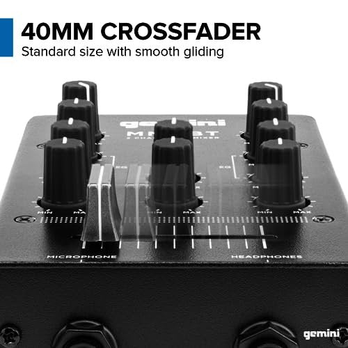 Gemini Sound MM1BT 2-channel DJ mixer with Bluetooth, featuring analog controls and a sleek black design.