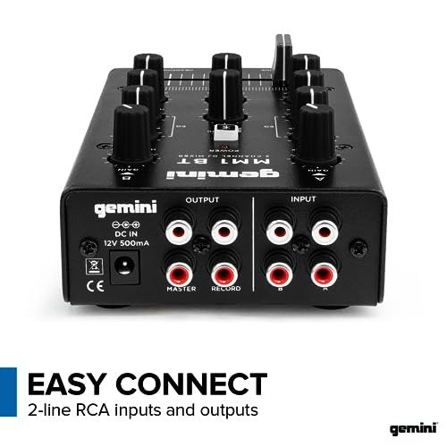 Gemini Sound MM1BT 2-channel DJ mixer with Bluetooth streaming and analog controls, featuring a sleek black design.