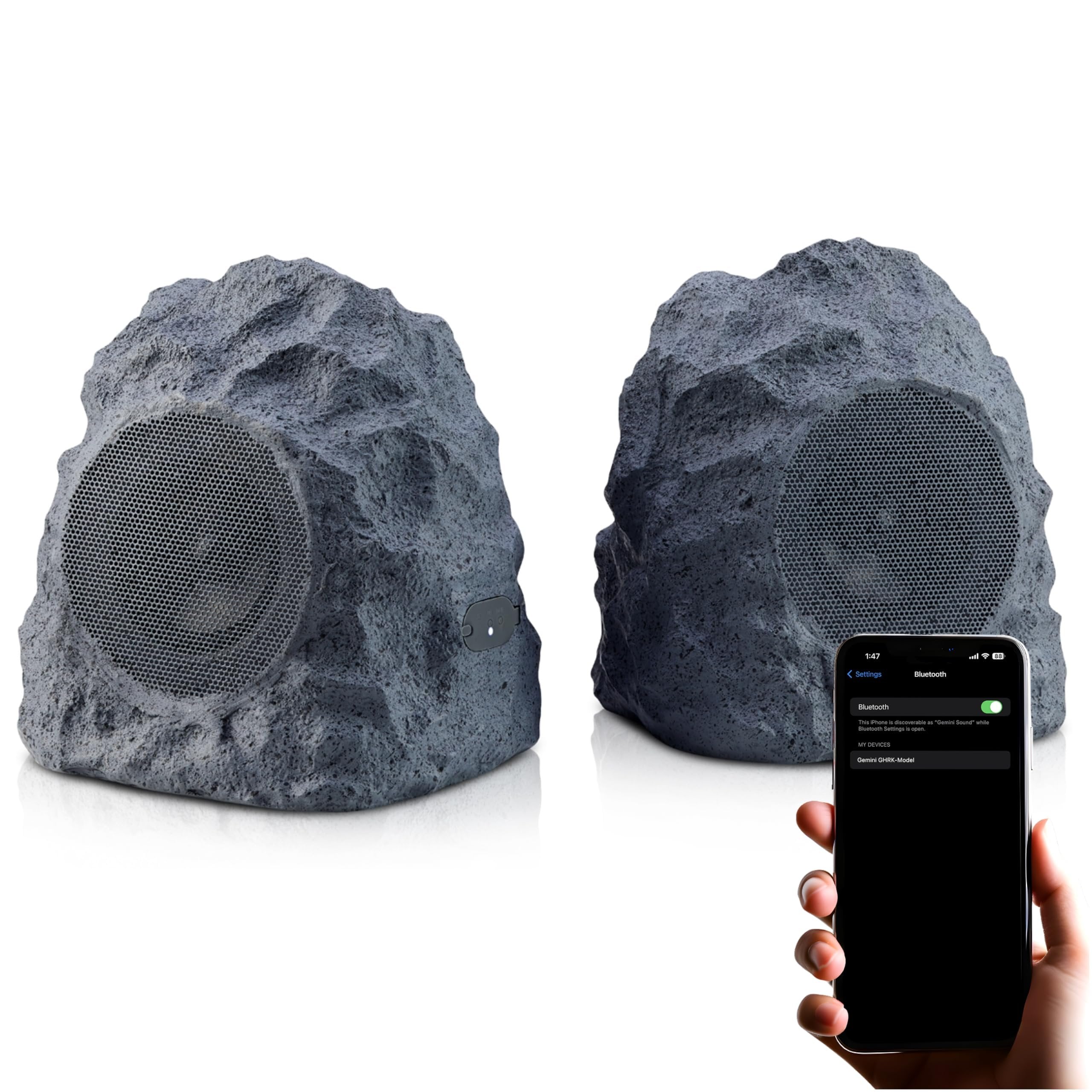 Gemini Sound waterproof rock speakers in natural stone finish, 40W Bluetooth outdoor audio system with 10-hour battery