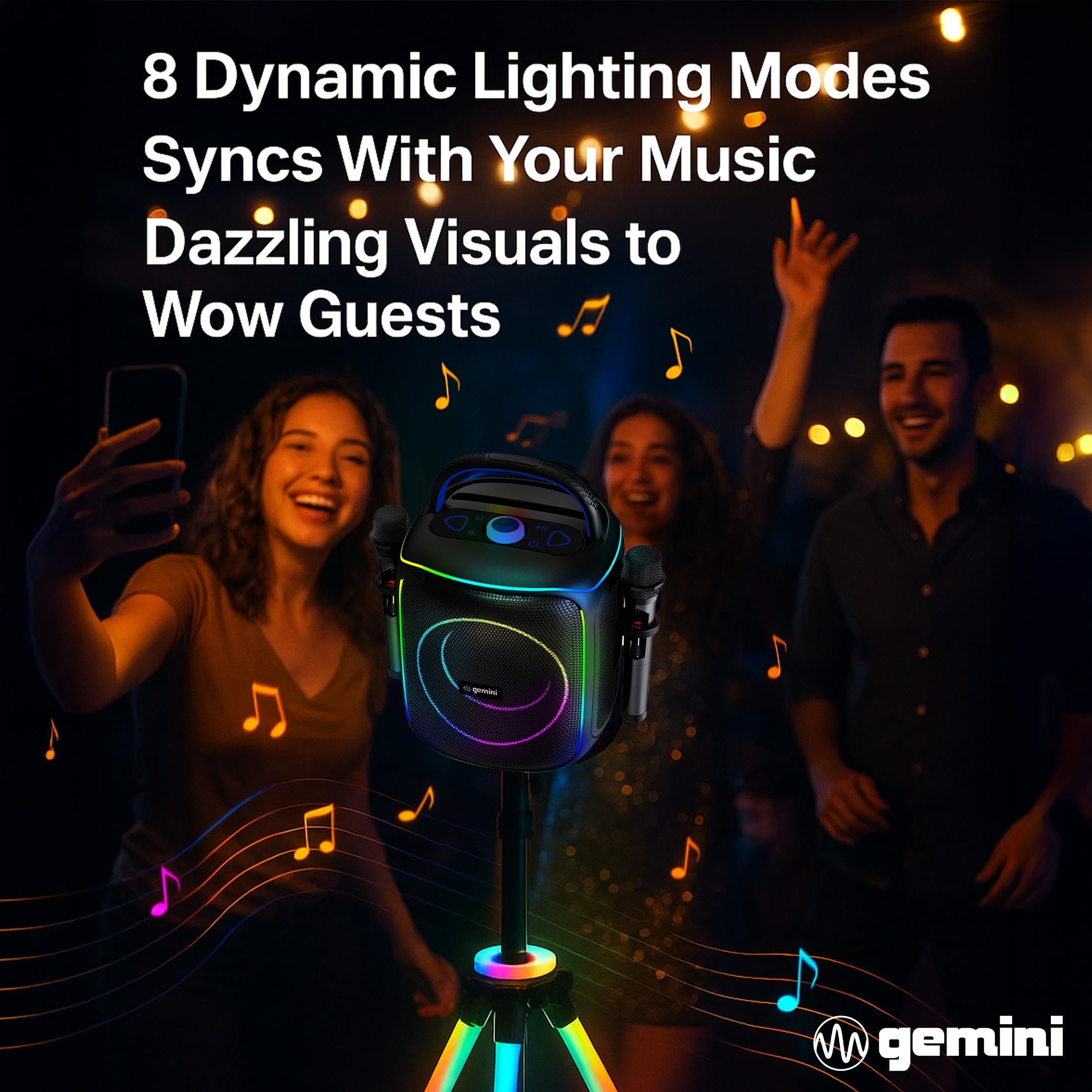 Gemini Sound GPK-200PK rechargeable karaoke speaker system with two wireless microphones and RGB LED tripod stand.