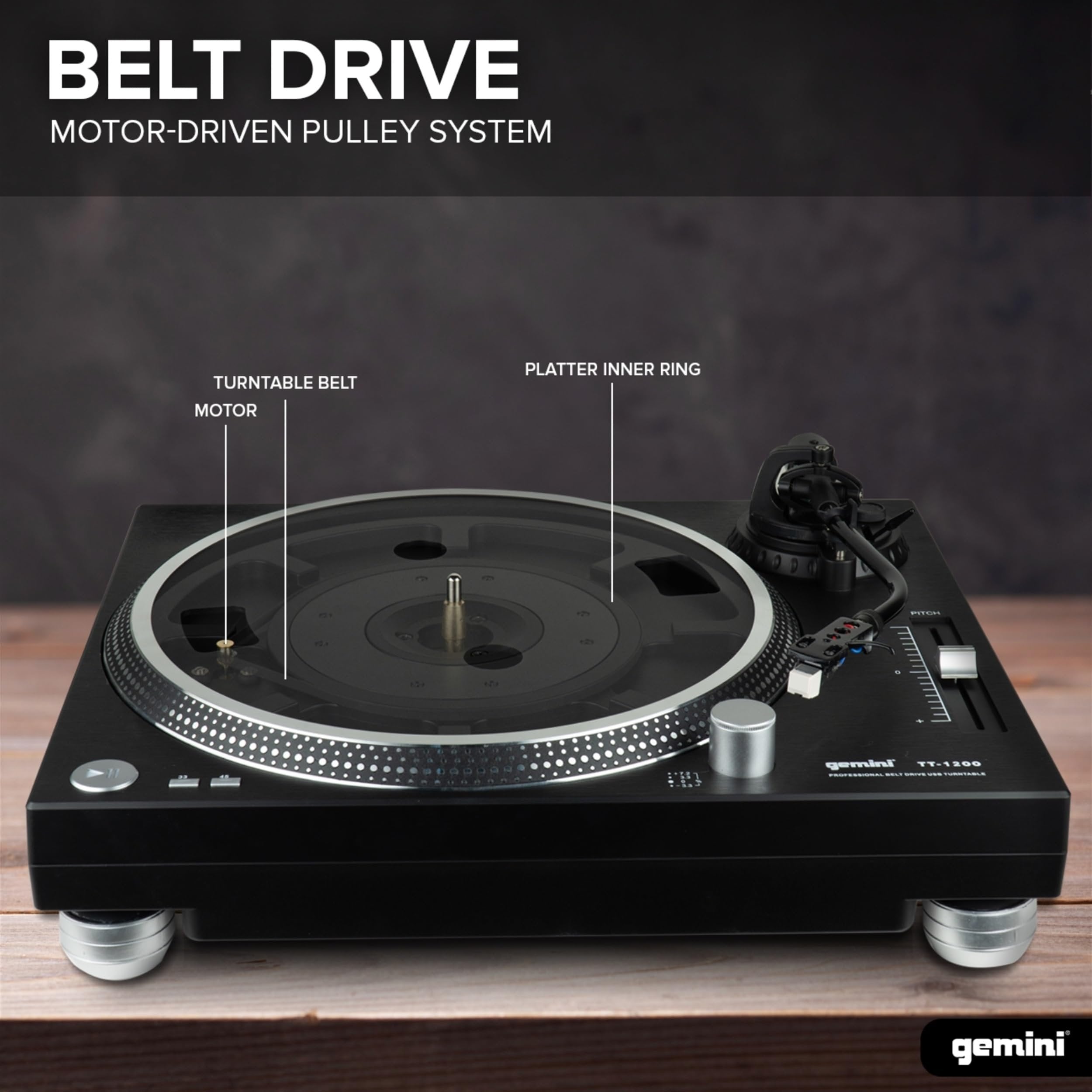 Gemini TT-1200 professional belt drive turntable with aluminum platter and Audio-Technica stylus, supports 33/45 RPM.