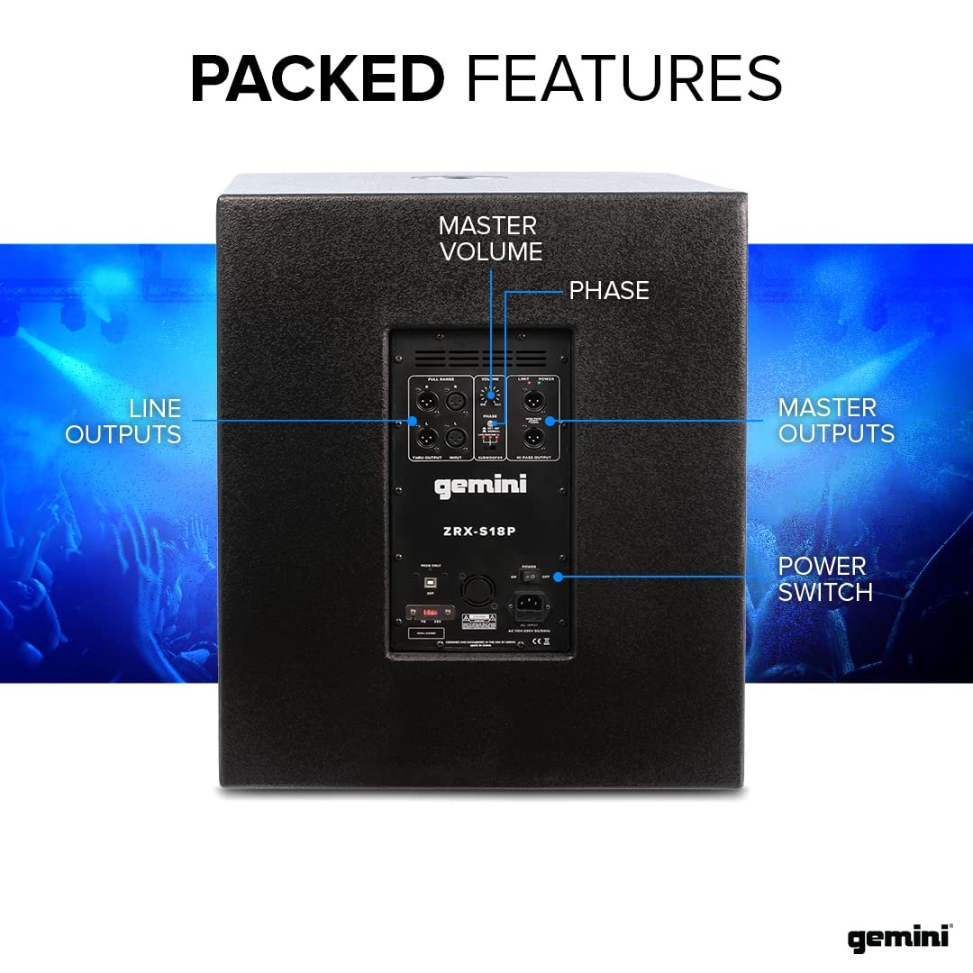 Gemini Sound ZRX-S18P 18-inch powered subwoofer with 3400W Class D amplifier, featuring a durable black enclosure.