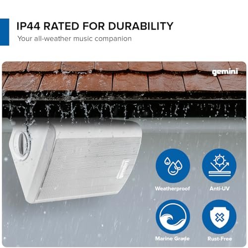 White waterproof outdoor Bluetooth speakers with adjustable mounting brackets by Gemini Sound
