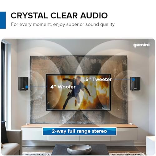 Black waterproof outdoor Bluetooth speakers with 4-inch woofer and adjustable mount brackets by Gemini Sound