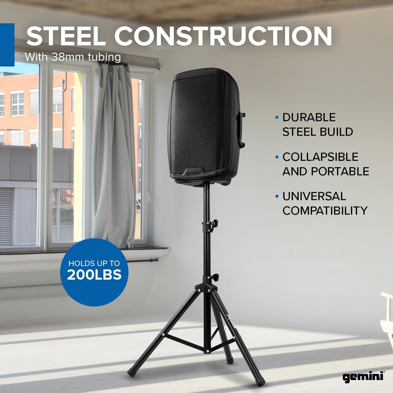 Gemini Sound ST-04 stainless steel speaker stand with adjustable height, 200lb capacity, and sturdy design.