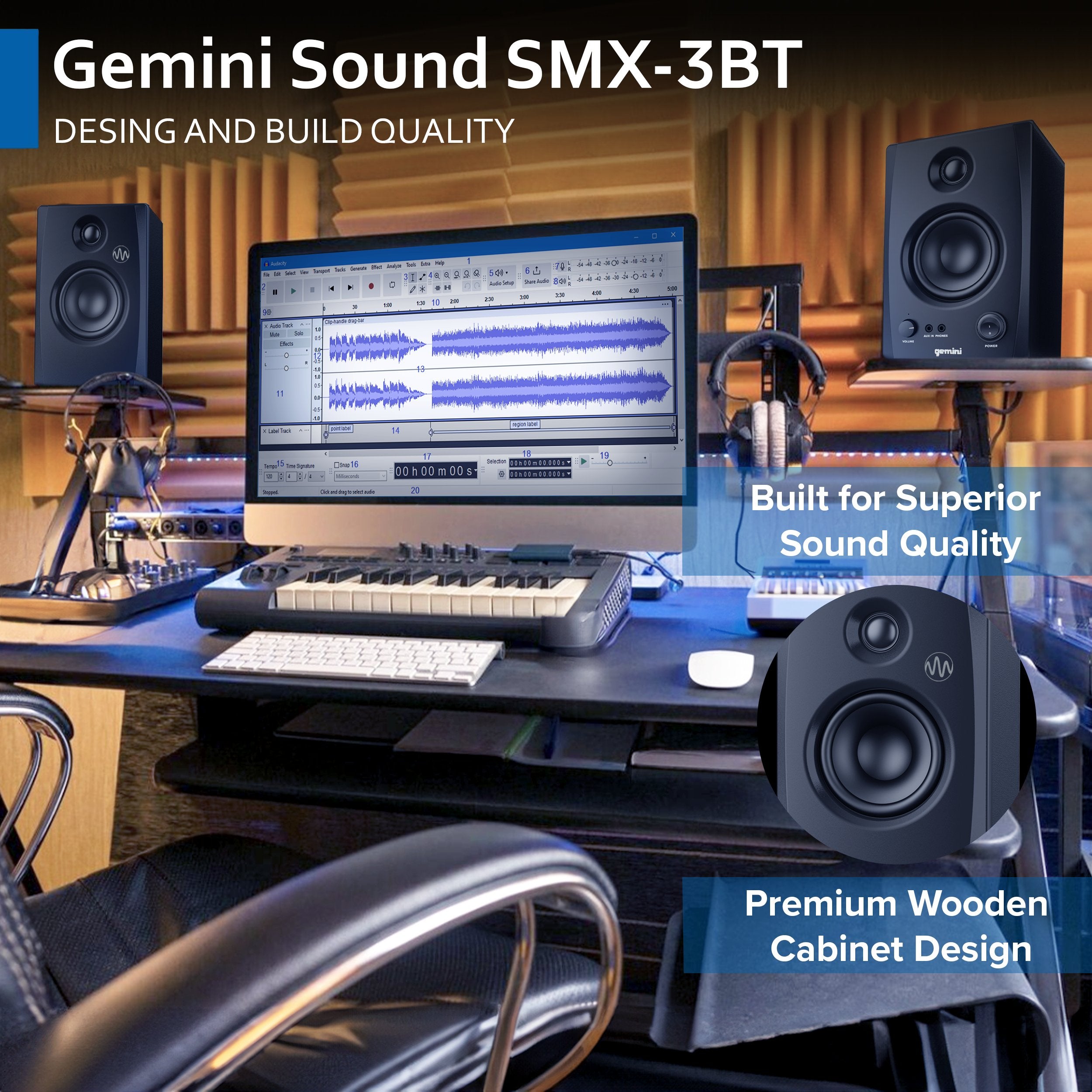 Gemini Sound SMX-3BT Bluetooth bookshelf speakers in wood finish with 0.75-inch tweeters and 3.5-inch woofers