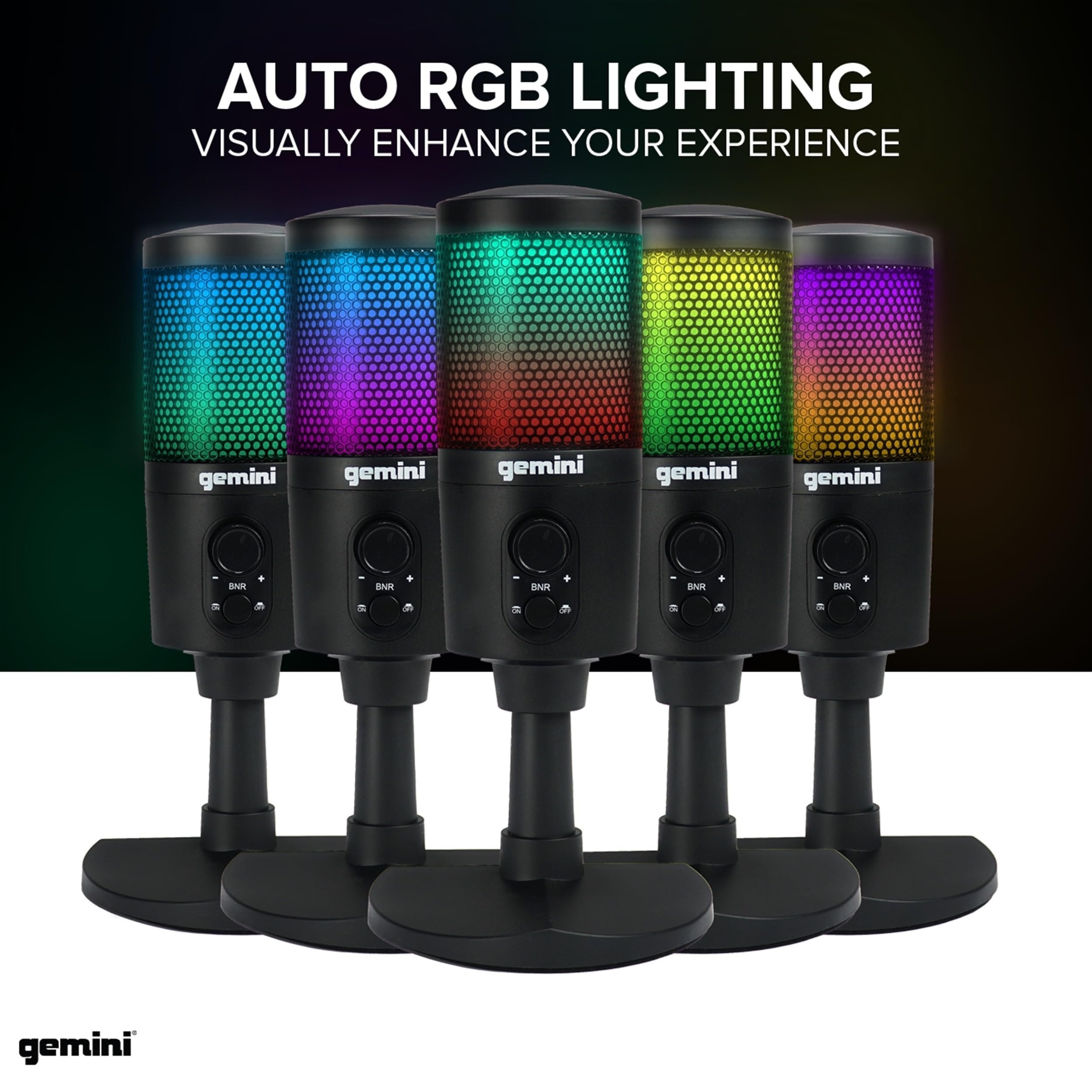 Gemini GSM-100 USB gaming microphone with a sleek black design and cardioid pickup pattern for clear audio recording