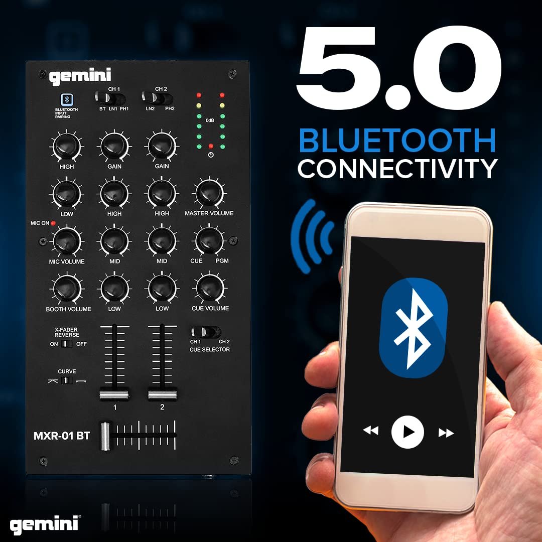 Gemini Sound MXR-01BT 2-channel DJ mixer with Bluetooth, metal chassis, and five input options.